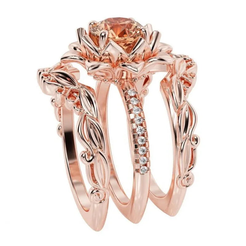 Women's floral geometric alloy ring with electroplated rose gold or rhinestone inlay on finger