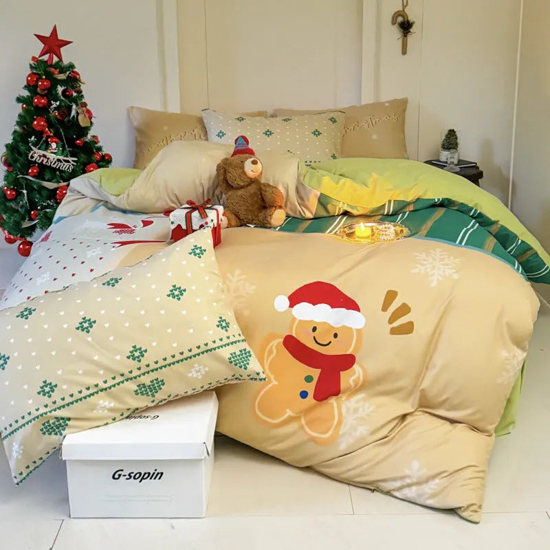 Christmas cartoon printed four-piece bedding set with sheet, quilt cover, and pillowcases.