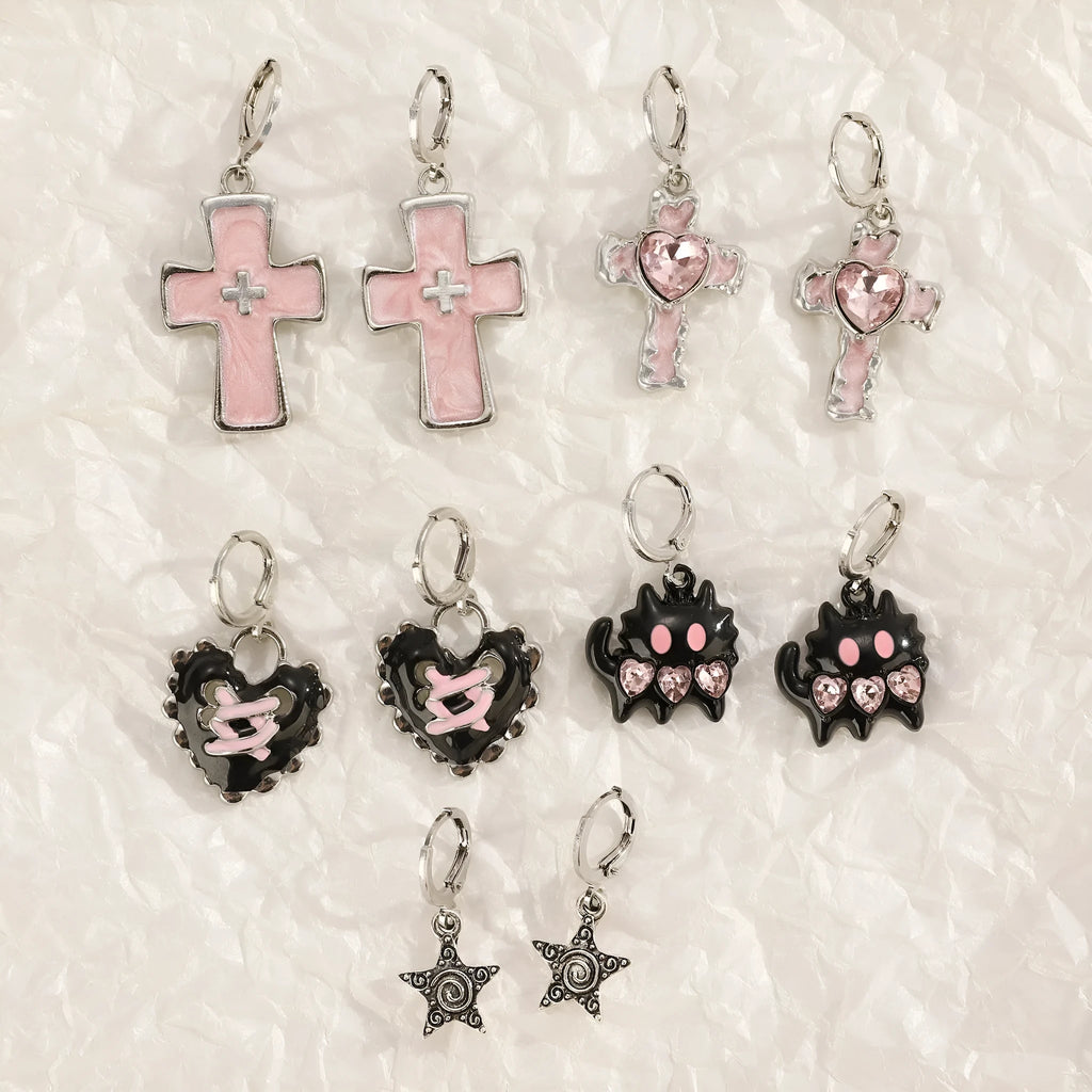 Women's alloy earrings with cross and heart designs in five colour variations including white, black cat, and antique silver