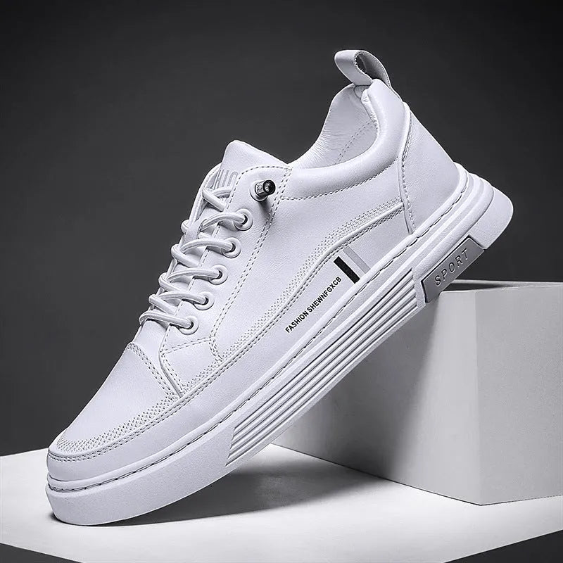 Men's casual skateboard shoes with microfiber upper and elastic band closure in white or black