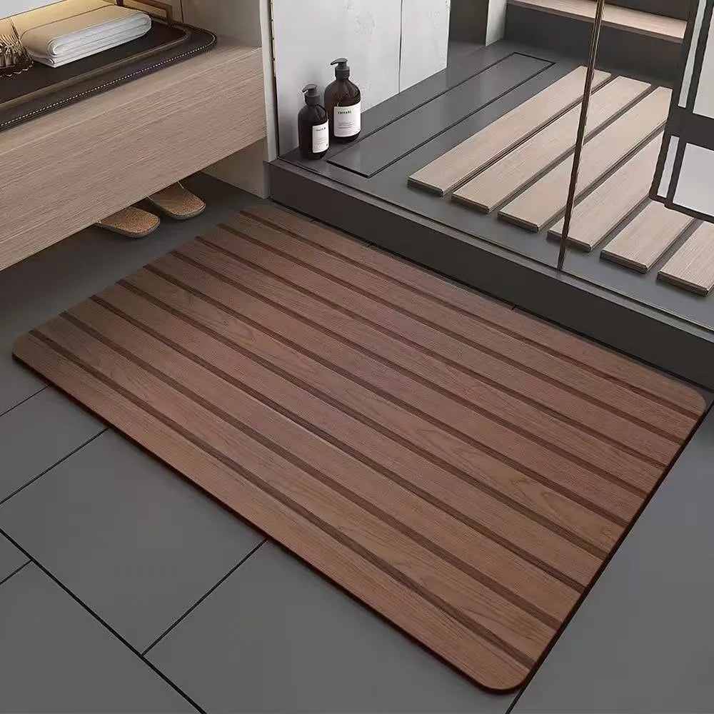 Square American-style floor mat with geometric wood grain pattern for bathroom doorway.