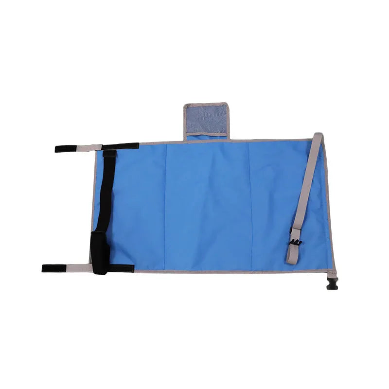 Portable blue children's aircraft seat extender with removable drawstring storage pocket folded for travel