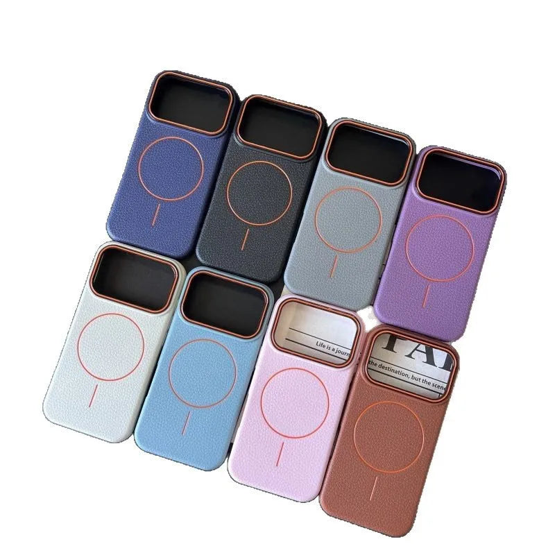 TPU magnetic phone case with litchi pattern texture in black, showing shockproof full-coverage fit for iPhone