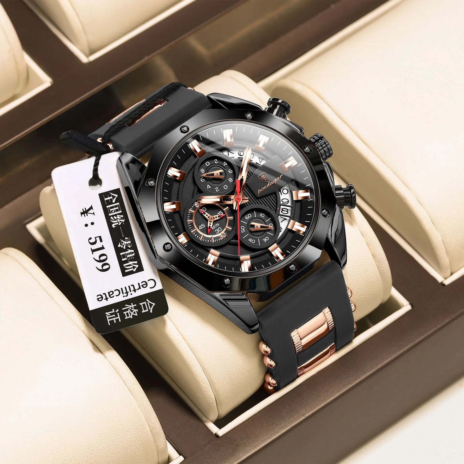 Men's chronograph sports watch with silicone strap and diamond-shaped dial