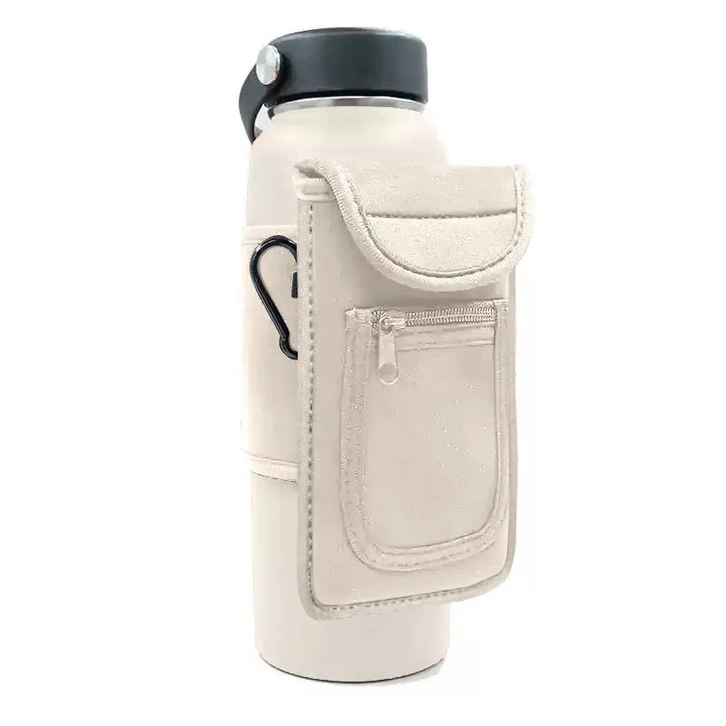Cloth water bottle sleeve with magnetic clip in black, holding a large sports bottle