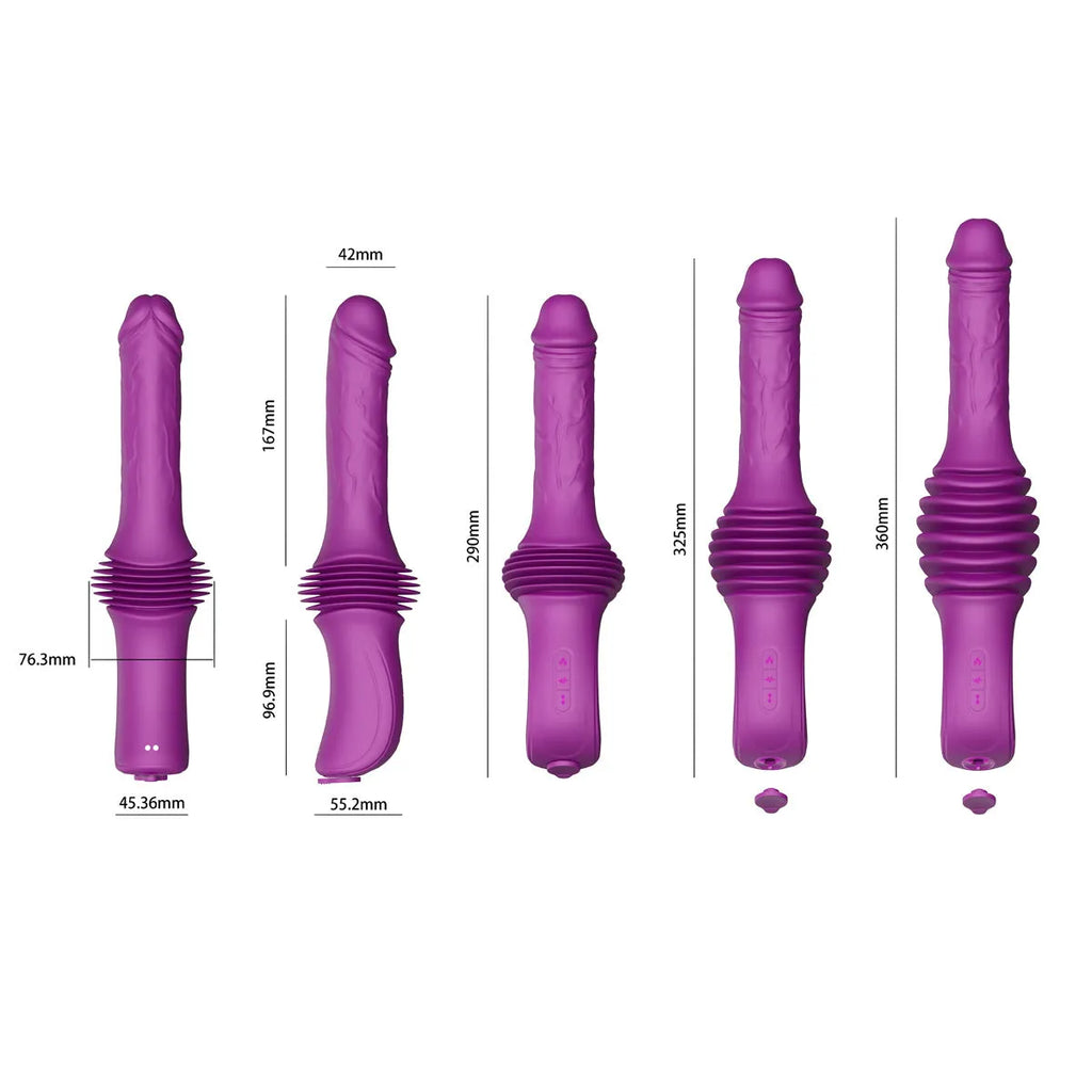 Purple silicone adult vibrator with heating, thrusting, and auto-expansion functions, static size 290x76x42mm
