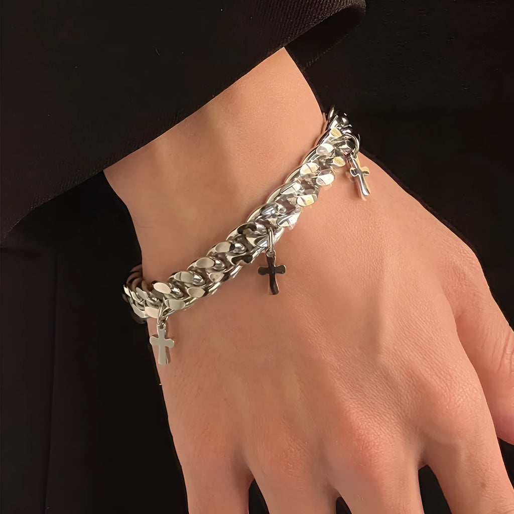 Titanium steel men's bracelet with geometric cross design in cold wind style