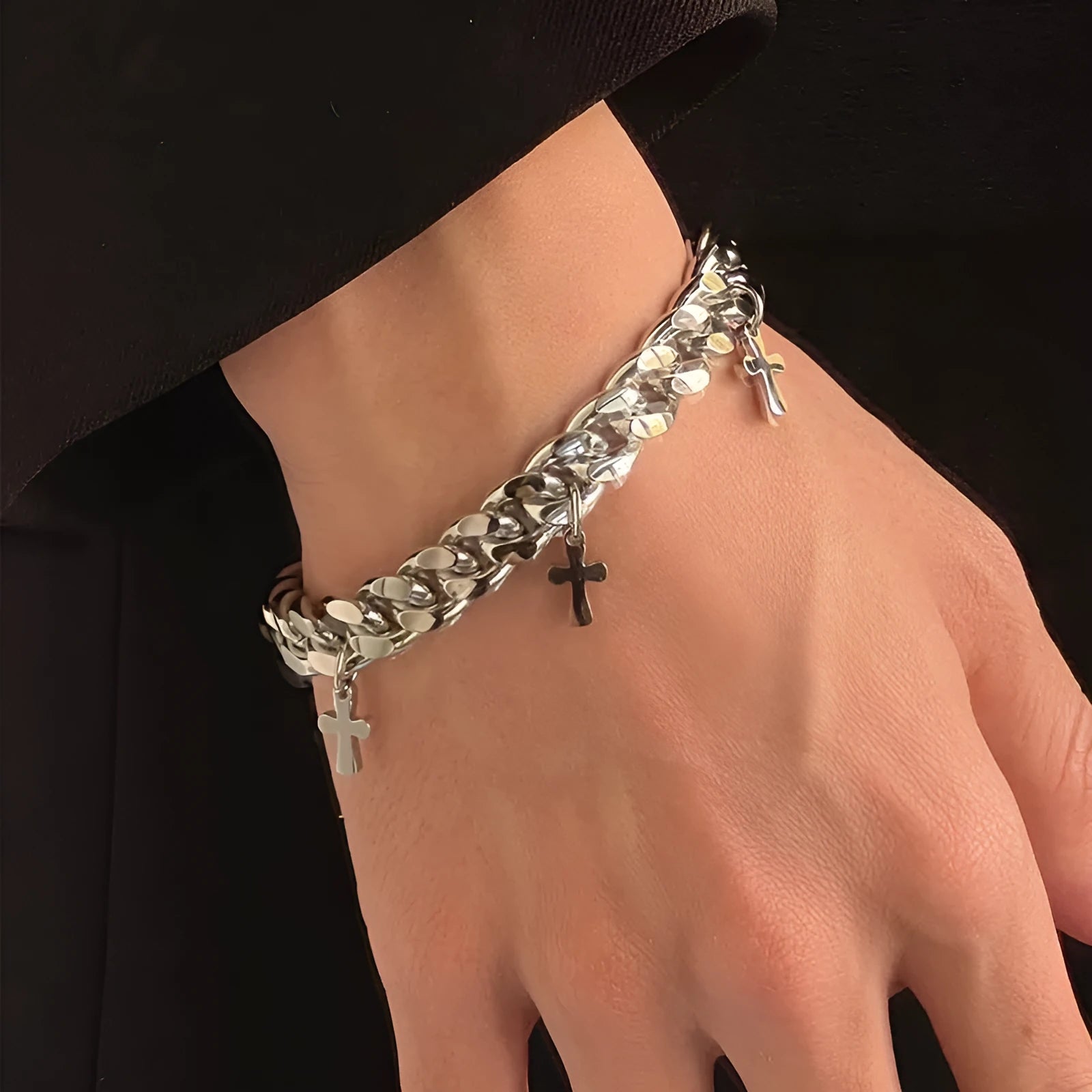 Titanium steel men's bracelet with geometric cross design in cold wind style