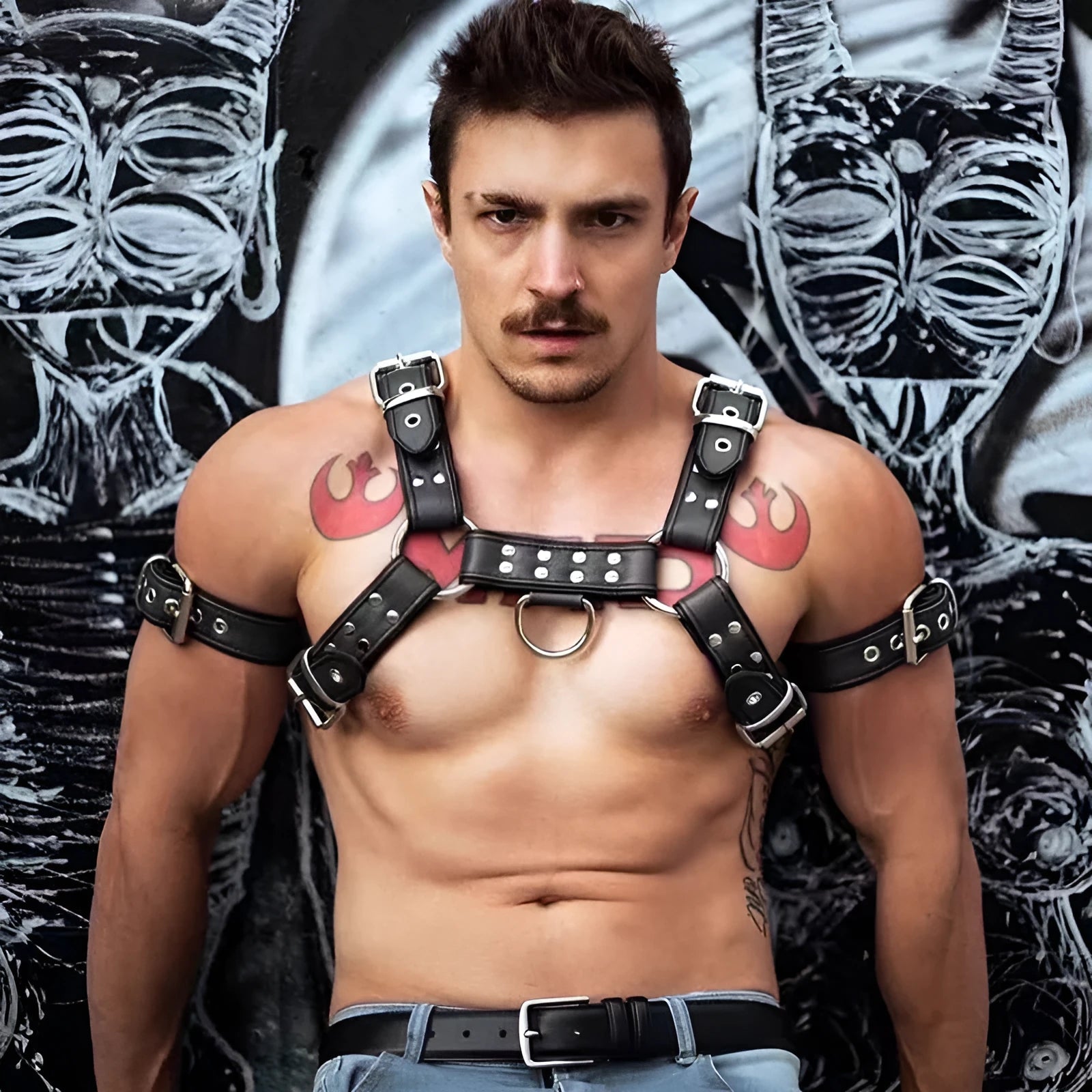 Black leather chest muscle bondage strap with metal buckle and rivets laid flat.