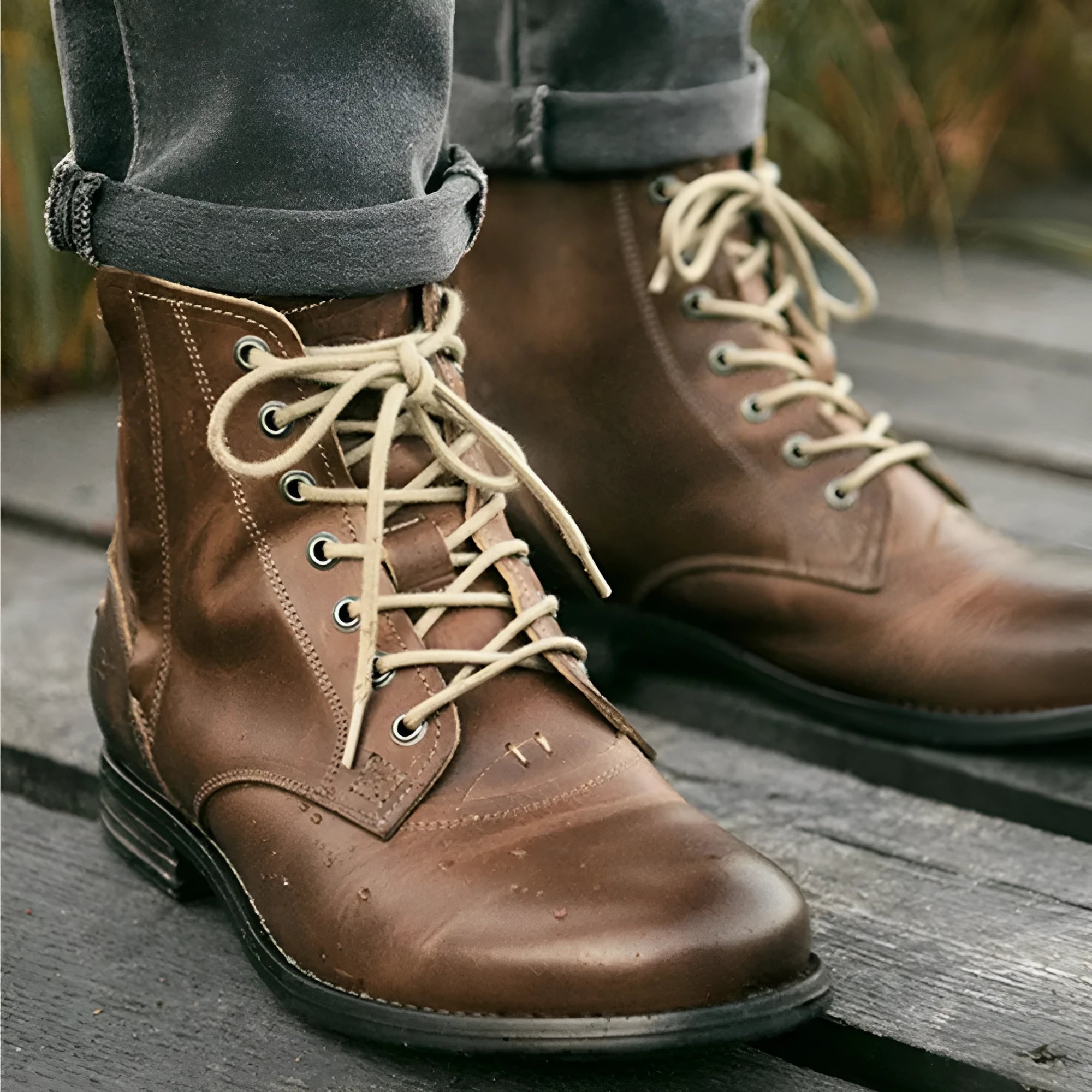 Knight Series two-tone leather boots with side zipper in black, showing low heel and beef tendon construction.