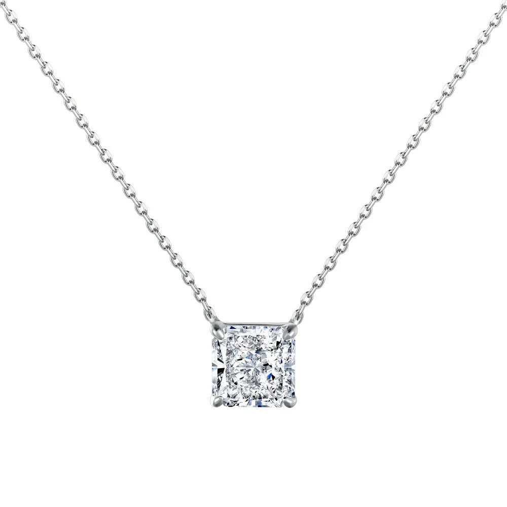 925 silver geometric pendant necklace with a 4 karat Ledean square white diamond on an adjustable clavicle chain, N166 platinum colour