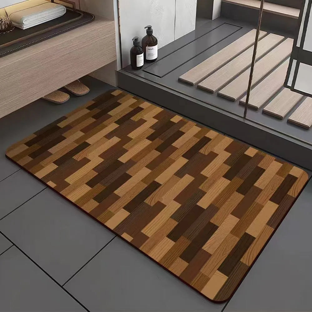 Square American-style floor mat with geometric wood grain pattern for bathroom doorway.