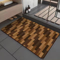 Square American-style floor mat with geometric wood grain pattern for bathroom doorway.