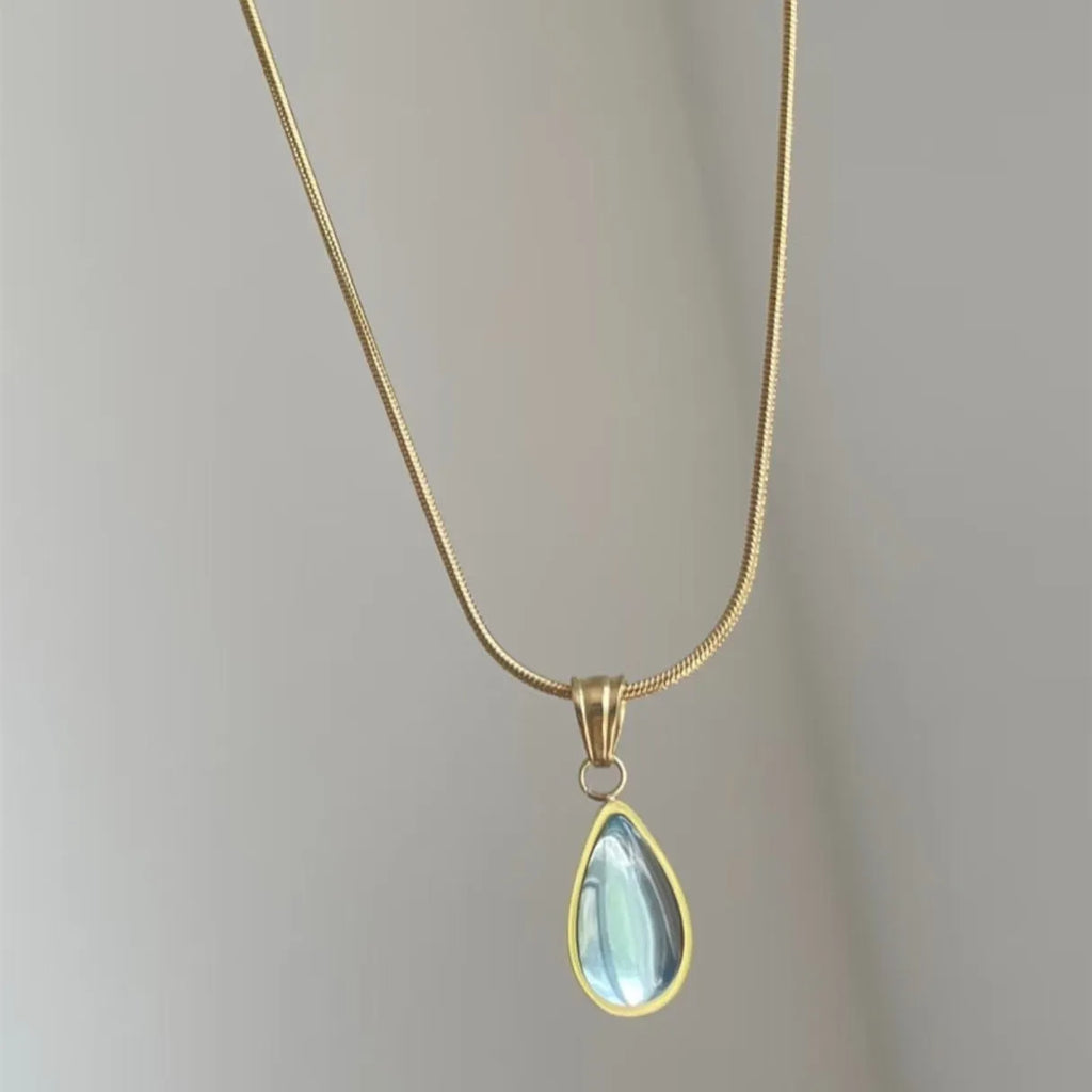 Retro water drop necklace with a blue or green gemstone pendant on a titanium steel snake bone chain.