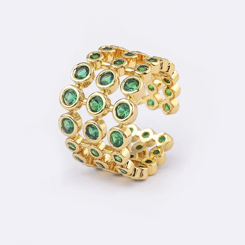 Copper plated 18K gold three-layer green zircon wide ring for men and women