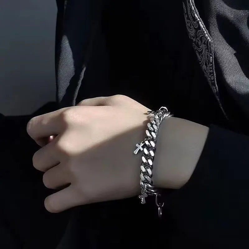 Titanium steel men's bracelet with geometric cross design in cold wind style