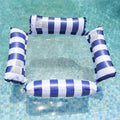 Inflatable four-tube deck chair floating on water with a striped pattern and mesh centre seat.