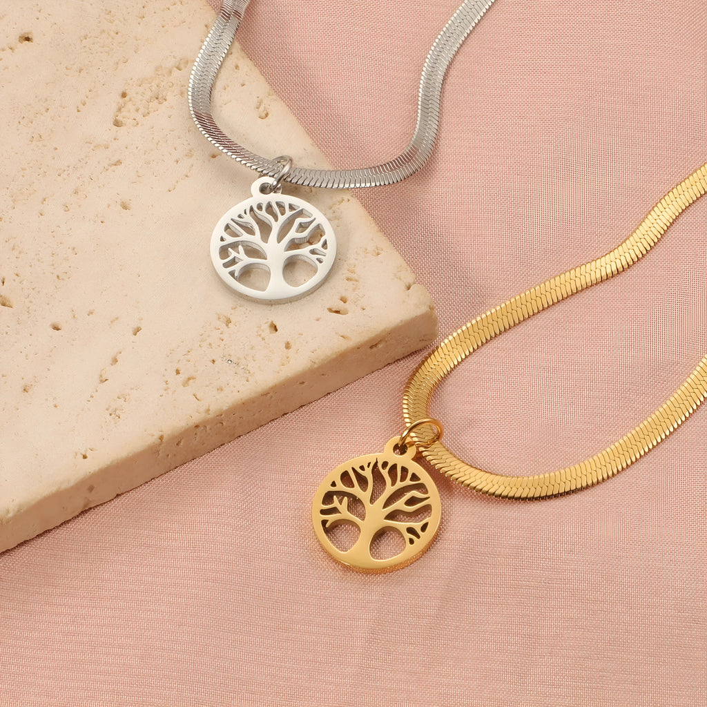 Stainless steel tree necklace with adjustable chain and U-shaped pendant in gold or steel colour