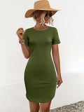 Women's slim fit short sleeve dress in a solid colour with a U-shaped neckline and split hem.