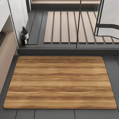 Square American-style floor mat with geometric wood grain pattern for bathroom doorway.