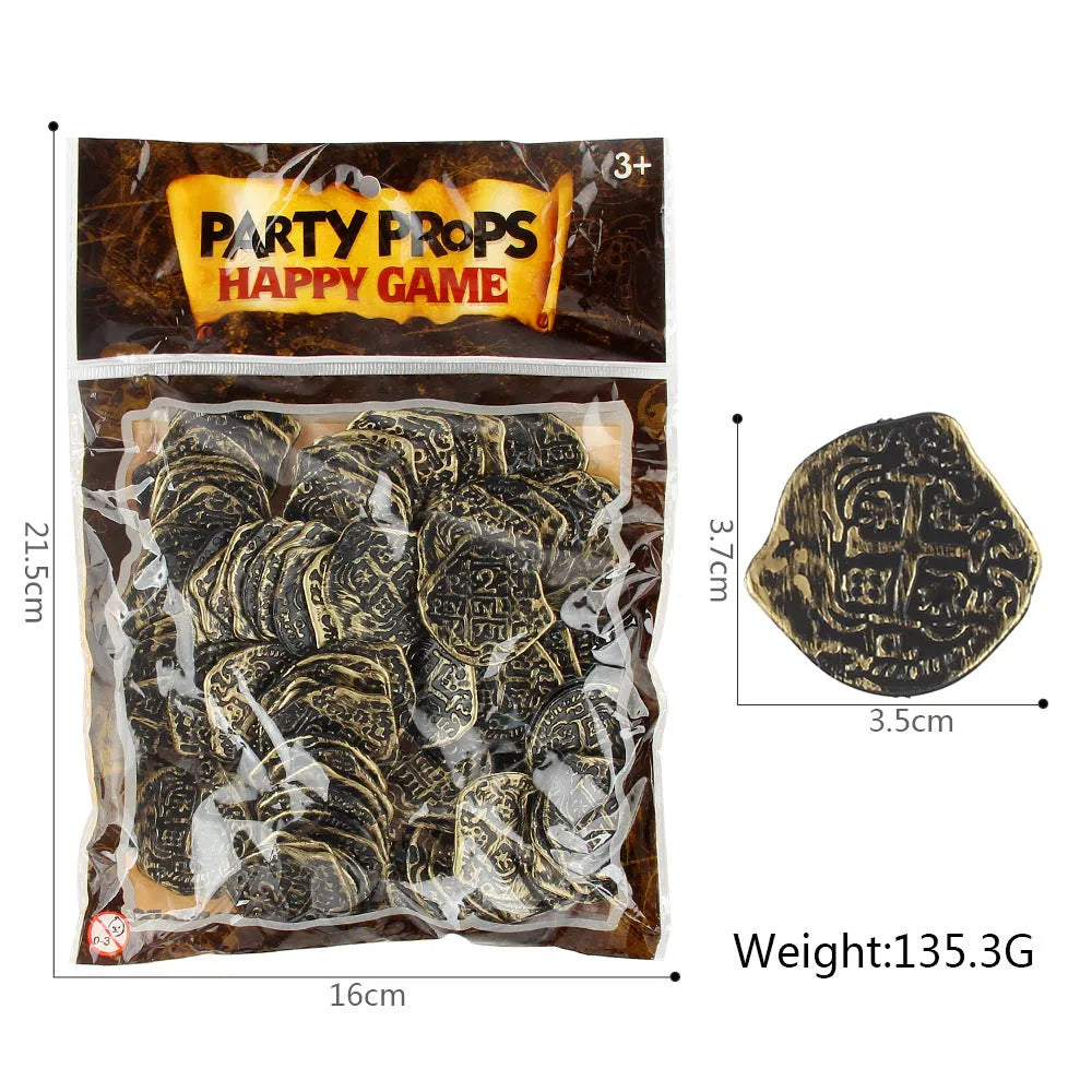 Set of 100 gold, silver, and bronze electroplated plastic replica Roman coins for crafts and decorations.