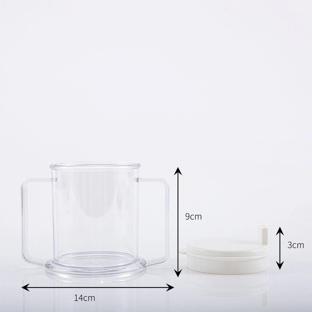 Transparent spill-proof plastic drinking cup with modern design on a plain background.