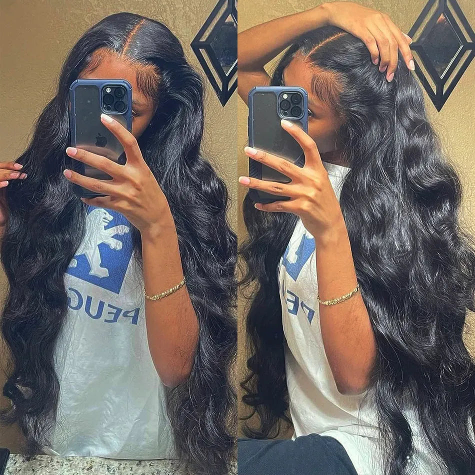 Black synthetic front lace wig with long curly hair and side bangs