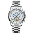 Men's silver steel automatic perpetual calendar mechanical watch with stainless steel strap and sapphire crystal