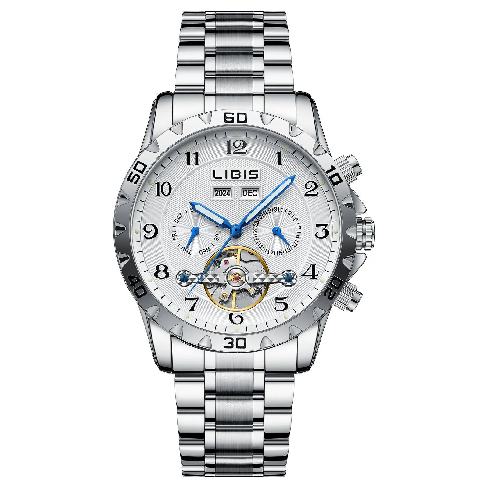 Men's silver steel automatic perpetual calendar mechanical watch with stainless steel strap and sapphire crystal