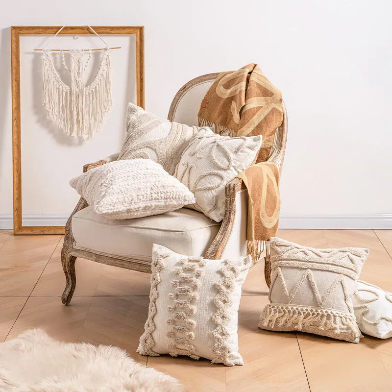 Decorative striped cushion cover with knitted tassel in a choice of six patterns and two sizes.
