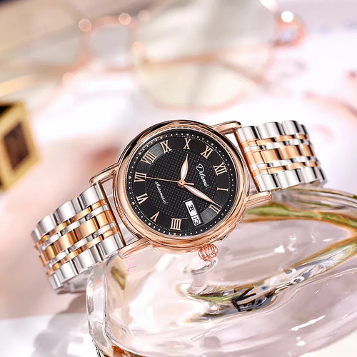 Women's automatic mechanical fashion watch with steel bracelet and white dial showing 12mm thickness
