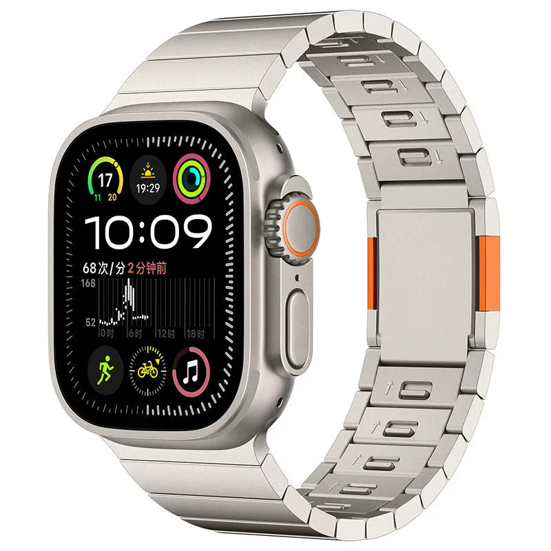 Stainless steel Apple Watch strap with magnetic buckle in business style, showing silver colour option