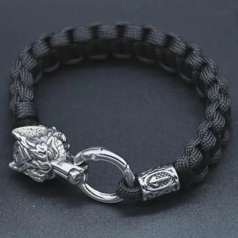 Stainless steel wolf head bracelet with Luen character in camouflage colour showing retro styling