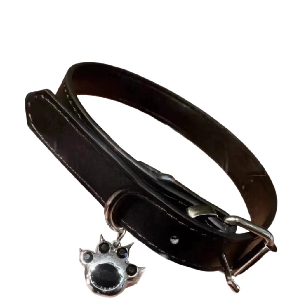 Black adjustable choker necklace with little bell charm on leather collar