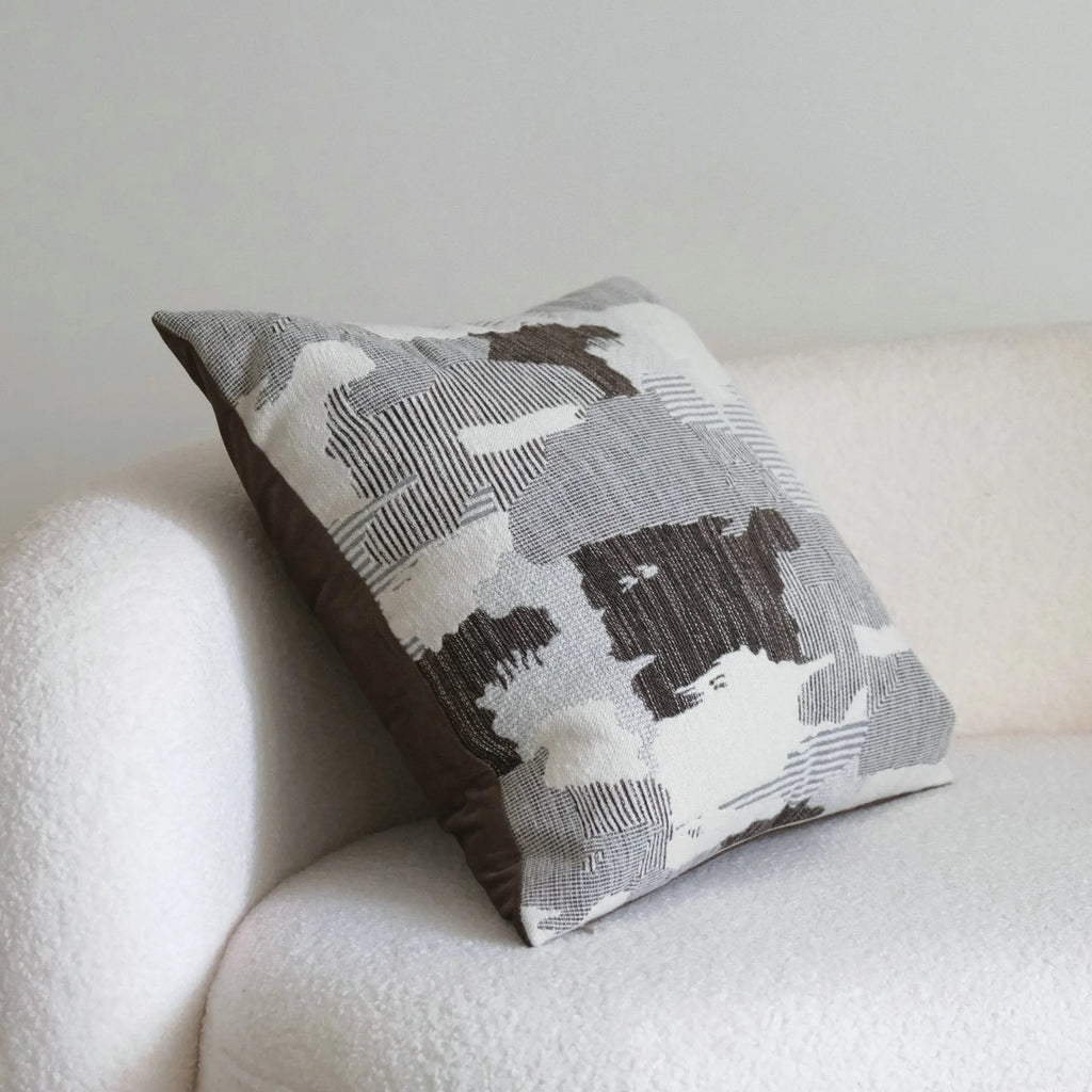 Coffee brown striped mid-century cushion pillow on sofa in square and rectangular sizes