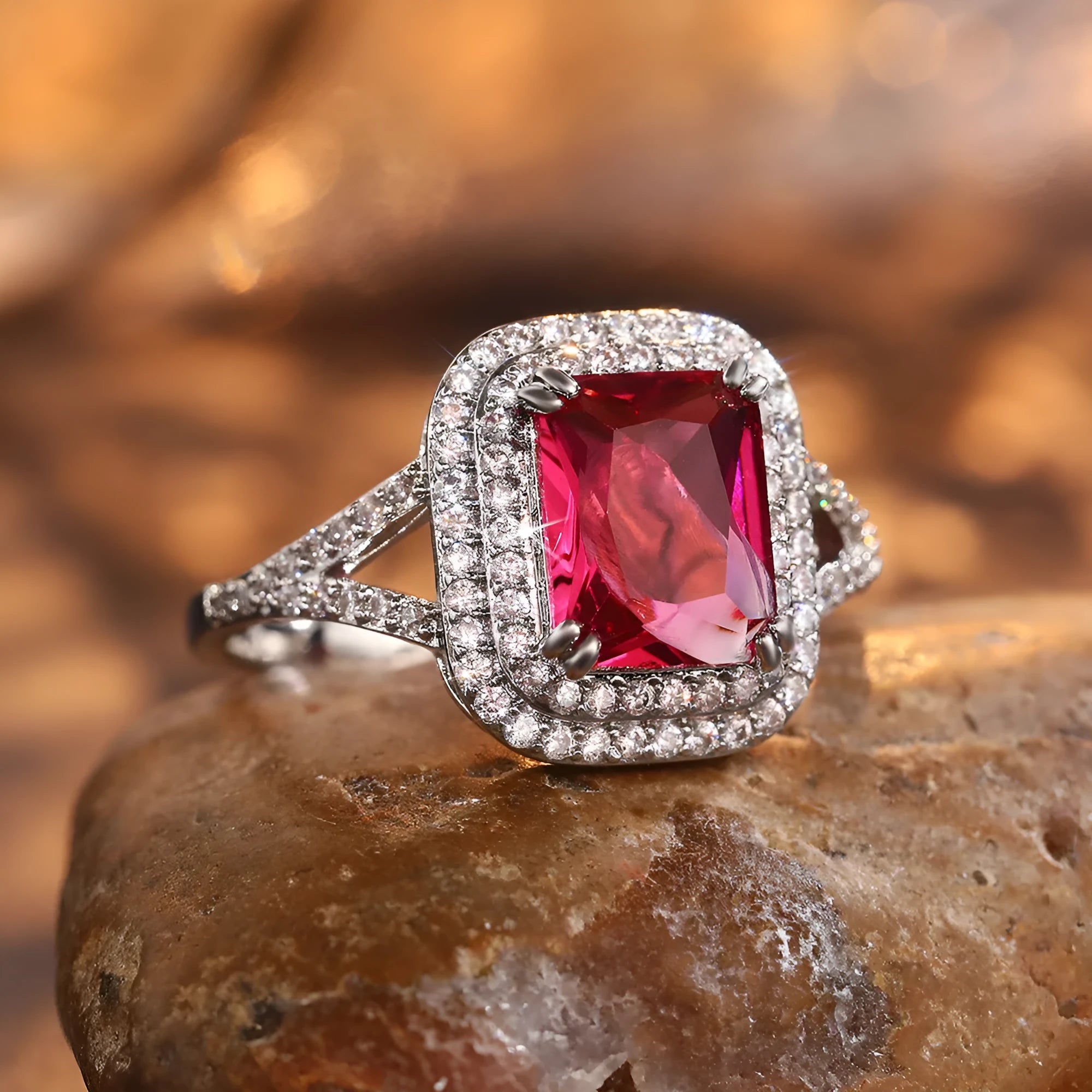 Women's copper square ring with a large red rhinestone centre on a hand.