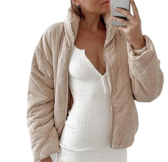 Apricot women's corduroy jacket with stand collar and front zip in street fashion style