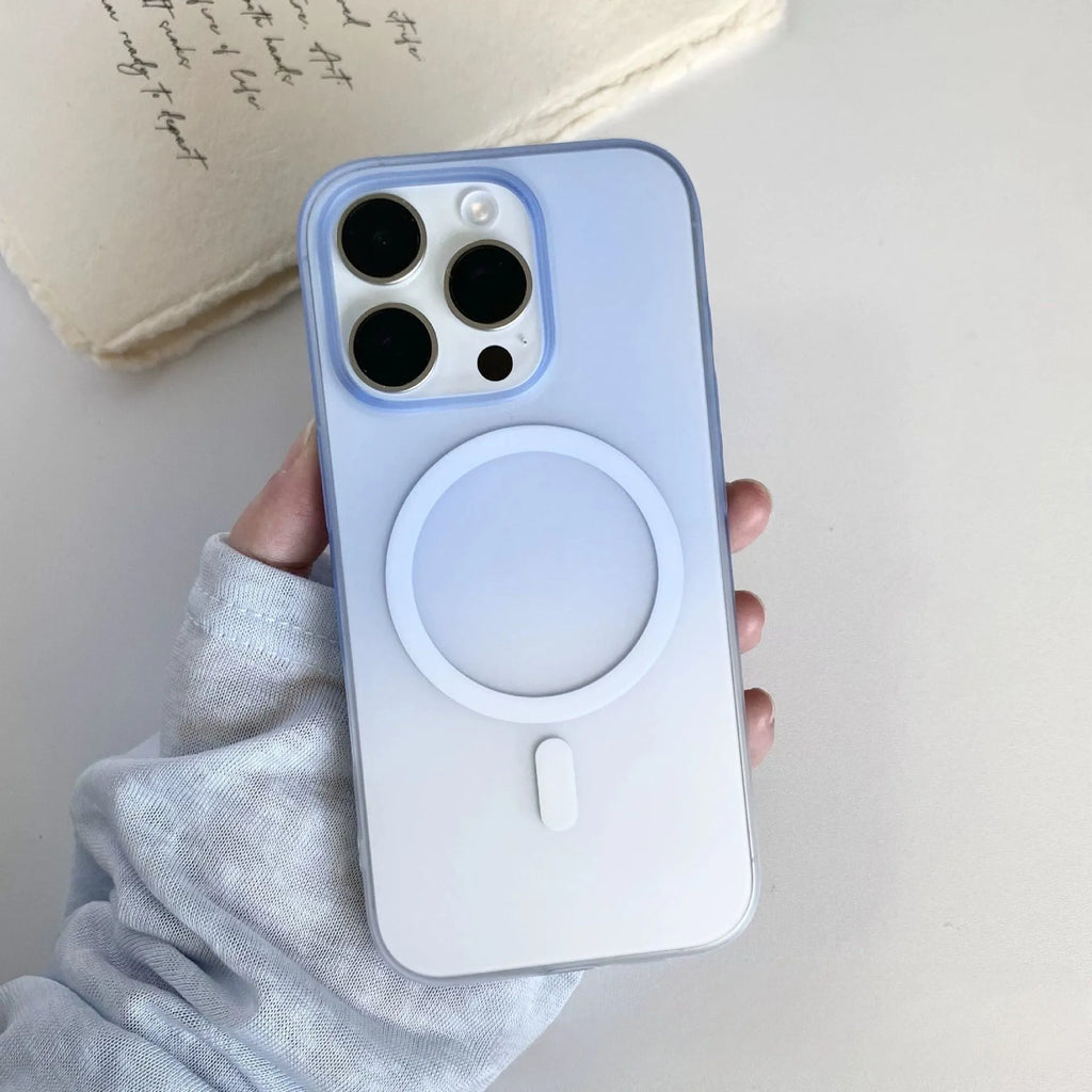 Frosted gradient blue magnetic suction phone case for iPhone, showing ultra-thin PC construction.