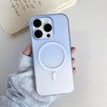 Frosted gradient blue magnetic suction phone case for iPhone, showing ultra-thin PC construction.