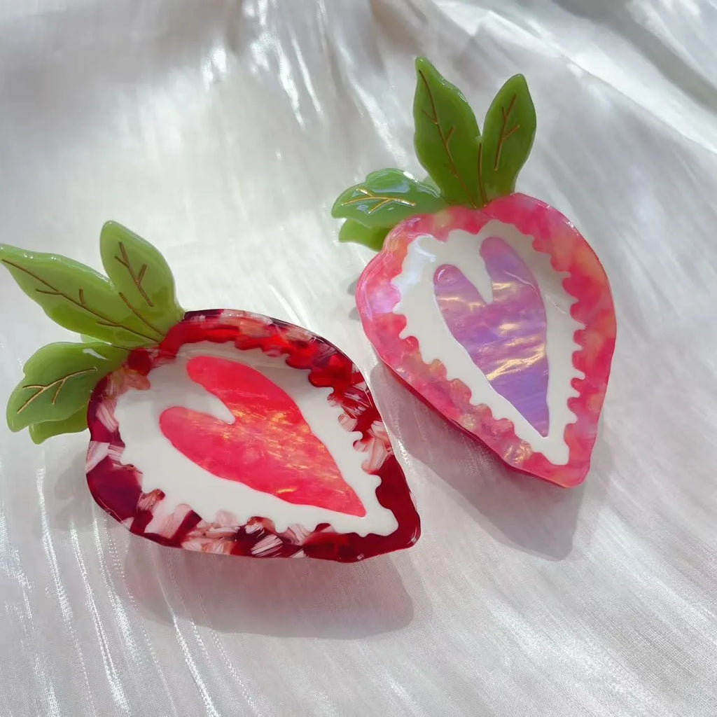Handmade strawberry hairpin in pastoral style available in red or pink colour