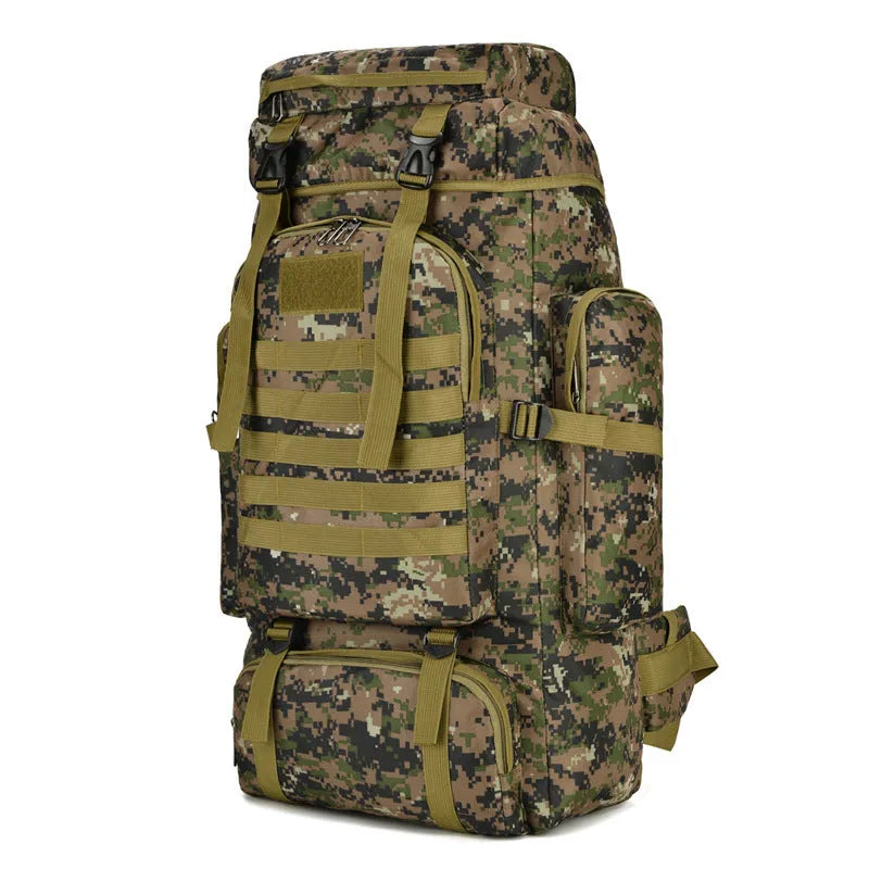 110L outdoor travel backpack with air pillow belt system in jungle camouflage colour
