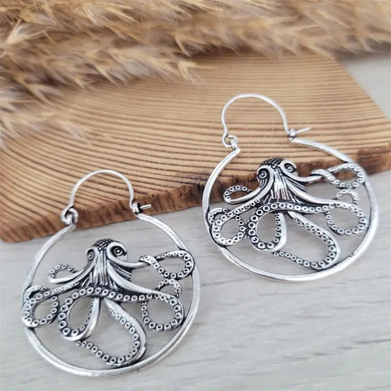 Vintage antique silver octopus earrings with zinc alloy construction and retro styling