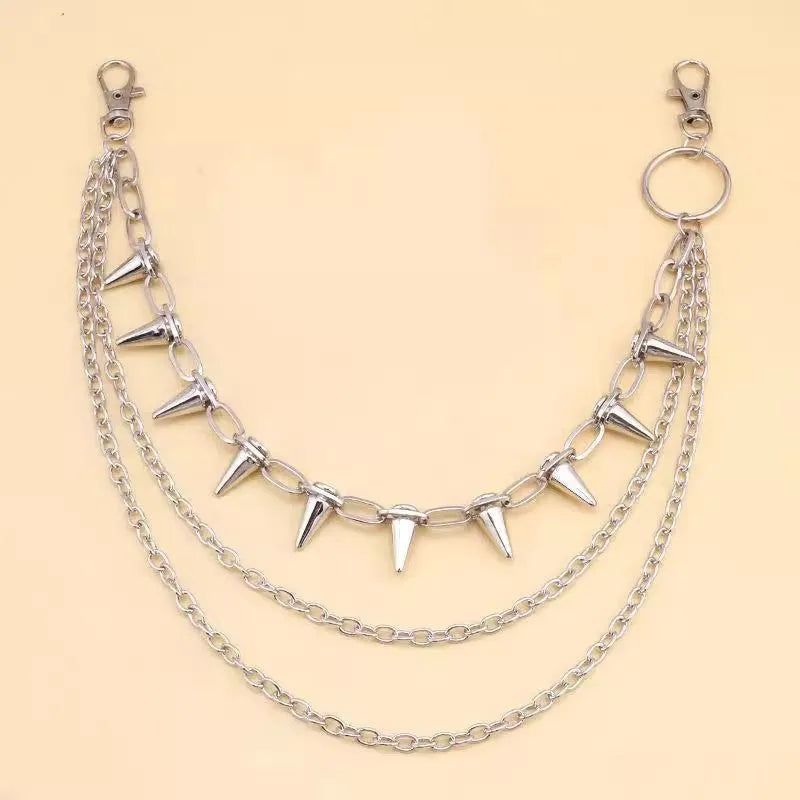 Silver punk metal chain pants decoration with rivets and zipper detailing, 115cm length