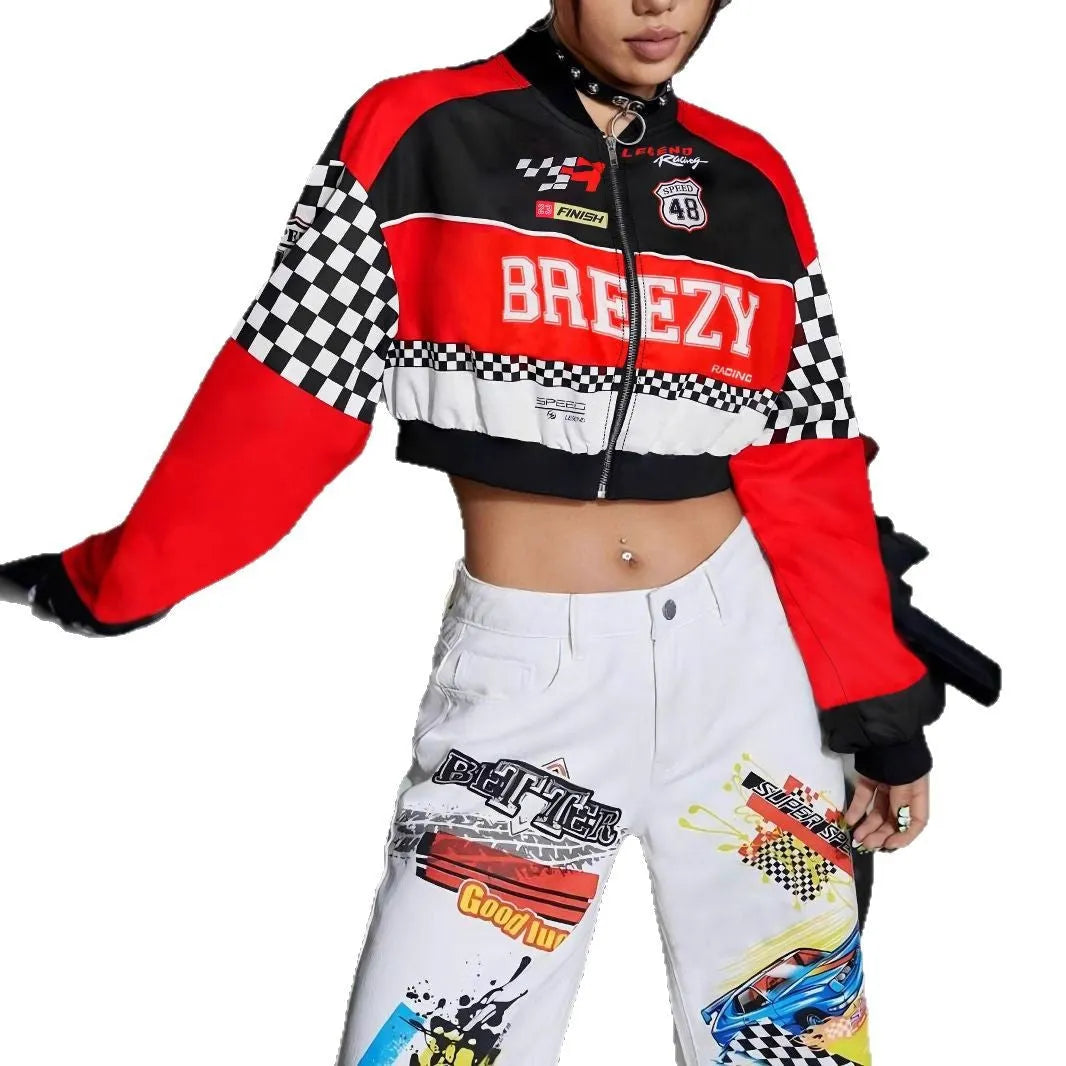 Women's loose fit geometric print zipper jacket in street hipster style