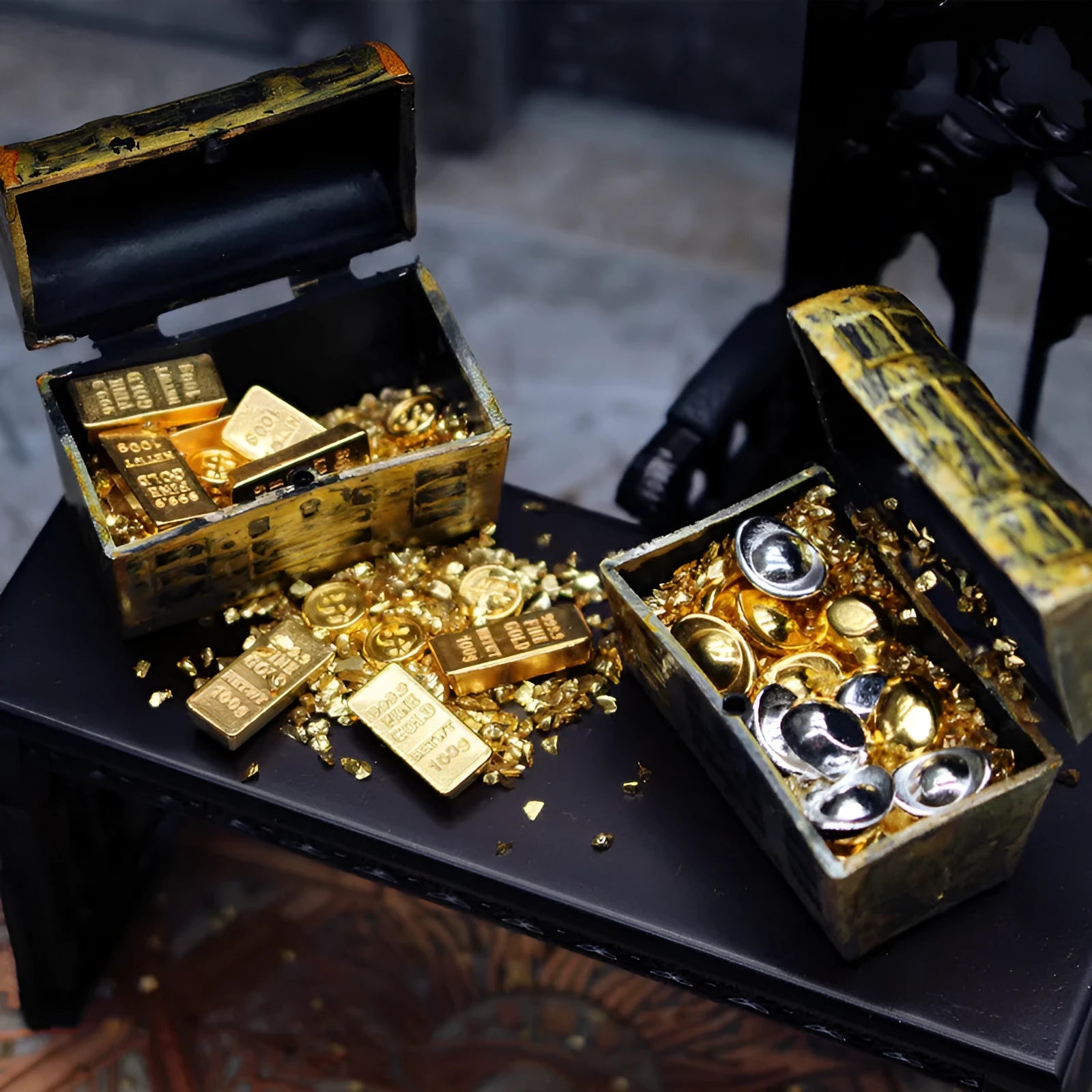 Set of metal alloy gold coin and gold bar miniature ornaments for dollhouse accessories.
