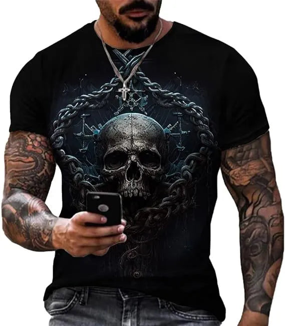 Printed men's skull head round neck T-shirt loose fit short sleeve summer top