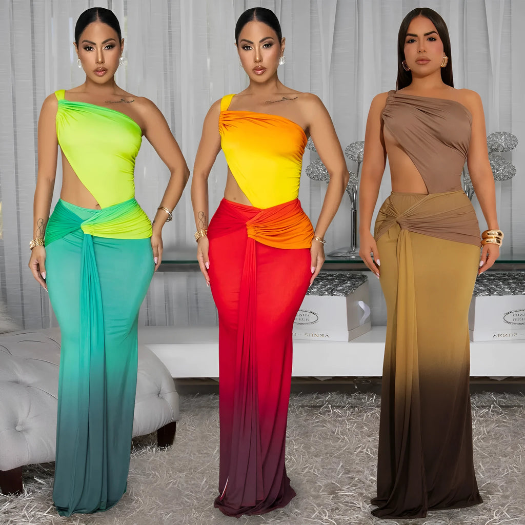 Women's gradient colour off-the-shoulder sleeveless summer dress with a high waist and long skirt.