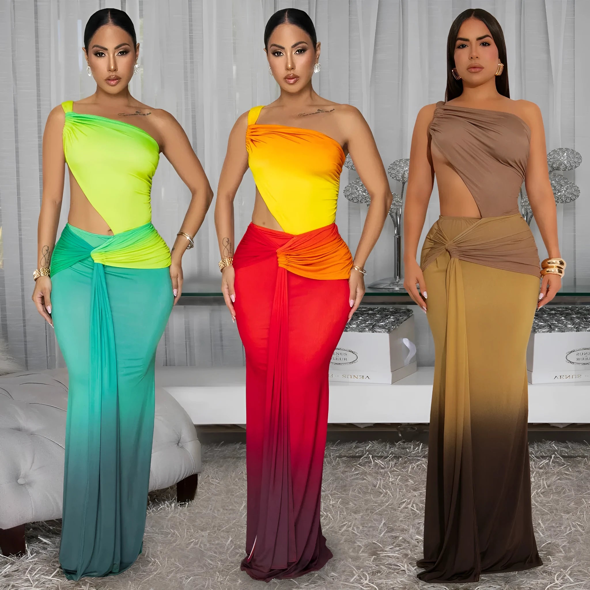 Women's gradient colour off-the-shoulder sleeveless summer dress with a high waist and long skirt.