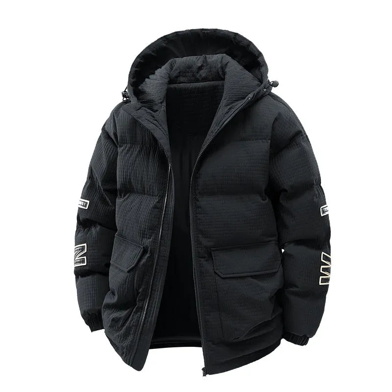 Men's black Korean style hooded winter coat with letter print detail and side pockets
