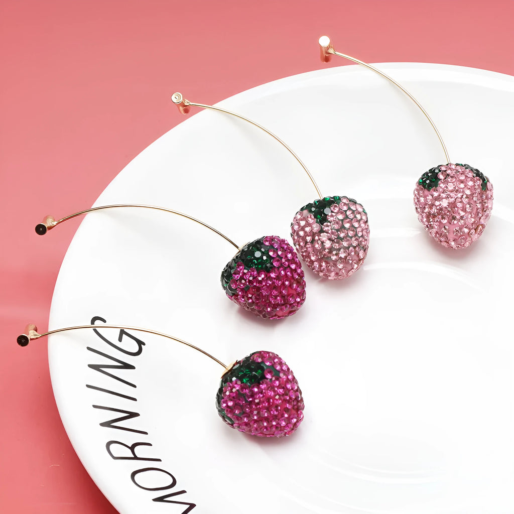 Pair of women's geometric strawberry charm earrings in zinc alloy, spot drill red finish.